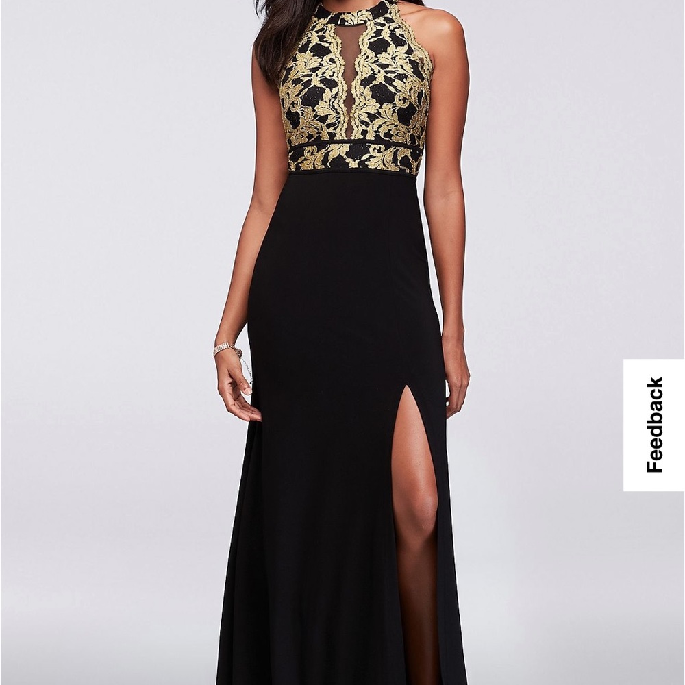 Glitter Lace and Jersey High-Neck A-Line Gown